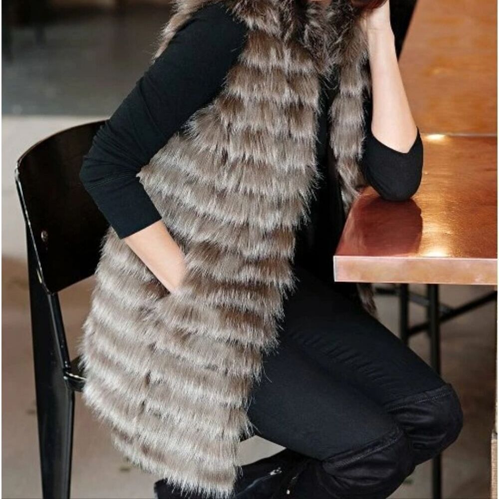 Fabulous Furs Faux Fur Vest Brown Gray Open Style